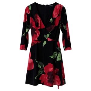 Le Chateau Red Black Floral Faux Wrap Dress Ruffles Vamp Dark Romantic Small